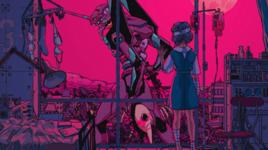 cached/dharmx_walls/evangelion/a_cartoon_of_a_robot_and_a_girl_looking_at_a_pink_background.png