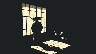 cached/dharmx_walls/gruvbox/a_person_in_a_hat_standing_in_a_room_with_windows.png