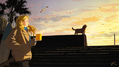 cached/dharmx_walls/m-26.jp/a_girl_holding_a_cup_and_standing_on_a_ledge_with_a_dog.jpg