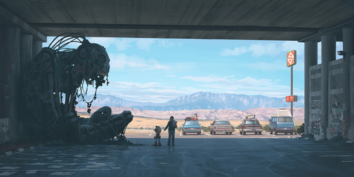 cached/dharmx_walls/stalenhag/a_man_and_a_robot_standing_in_a_parking_lot.jpg