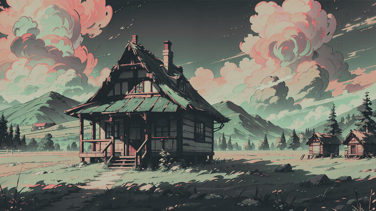 cached/dharmx_walls/unsorted/a_house_in_a_field_with_mountains_and_clouds.jpg